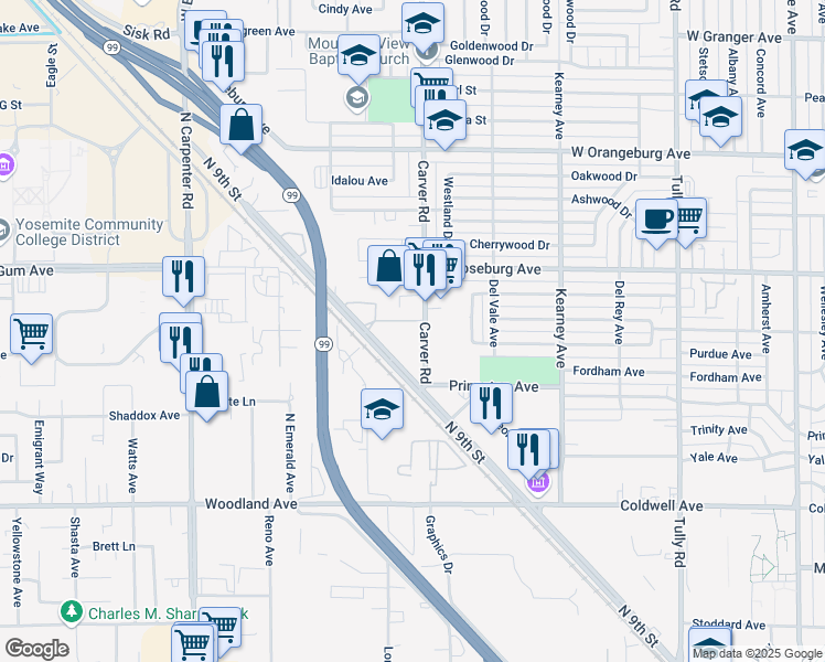 map of restaurants, bars, coffee shops, grocery stores, and more near 1093 Carver Road in Modesto