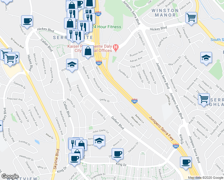 map of restaurants, bars, coffee shops, grocery stores, and more near 228 Monte Vista Lane in Daly City