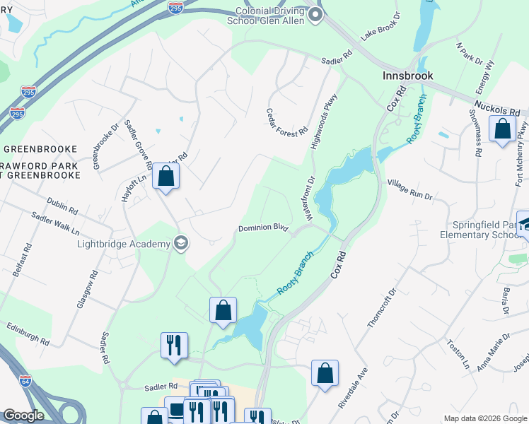 map of restaurants, bars, coffee shops, grocery stores, and more near 11171 Thorncroft Drive in Glen Allen