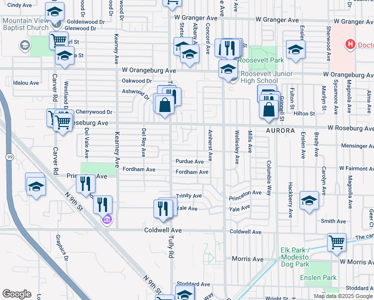 map of restaurants, bars, coffee shops, grocery stores, and more near 1228 West Roseburg Avenue in Modesto
