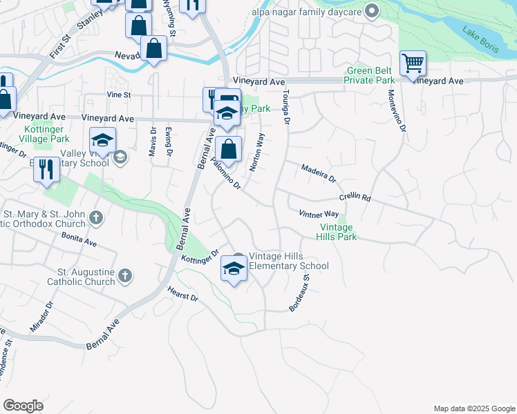 map of restaurants, bars, coffee shops, grocery stores, and more near 828 Palomino Drive in Pleasanton