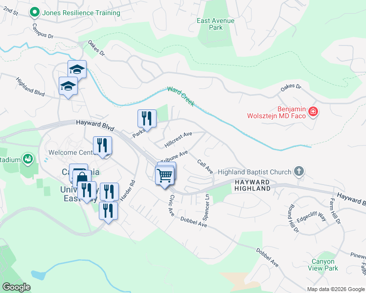 map of restaurants, bars, coffee shops, grocery stores, and more near in Hayward
