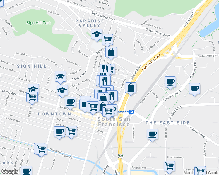 map of restaurants, bars, coffee shops, grocery stores, and more near 701 Linden Avenue in South San Francisco