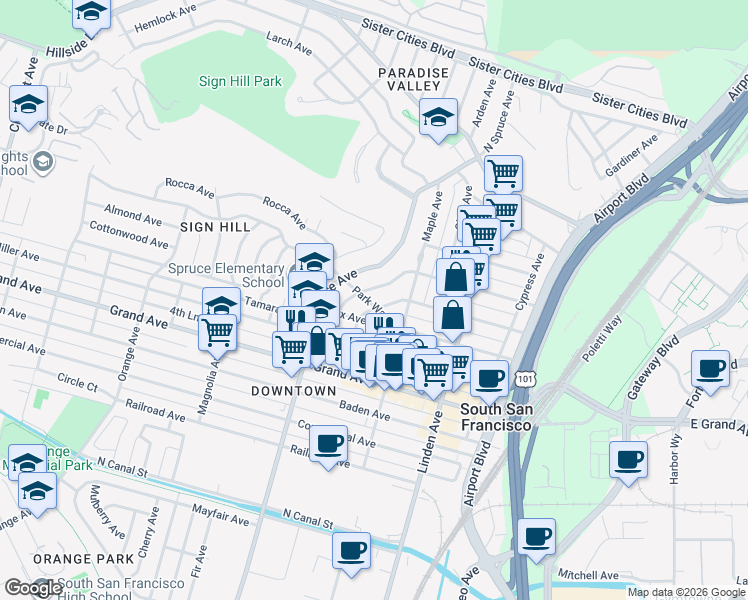 map of restaurants, bars, coffee shops, grocery stores, and more near 605 Pine Terrace in South San Francisco