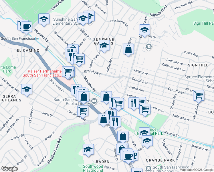 map of restaurants, bars, coffee shops, grocery stores, and more near 99 Oak Avenue in South San Francisco