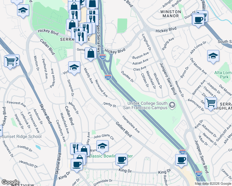 map of restaurants, bars, coffee shops, grocery stores, and more near 228 Monte Vista Lane in Daly City