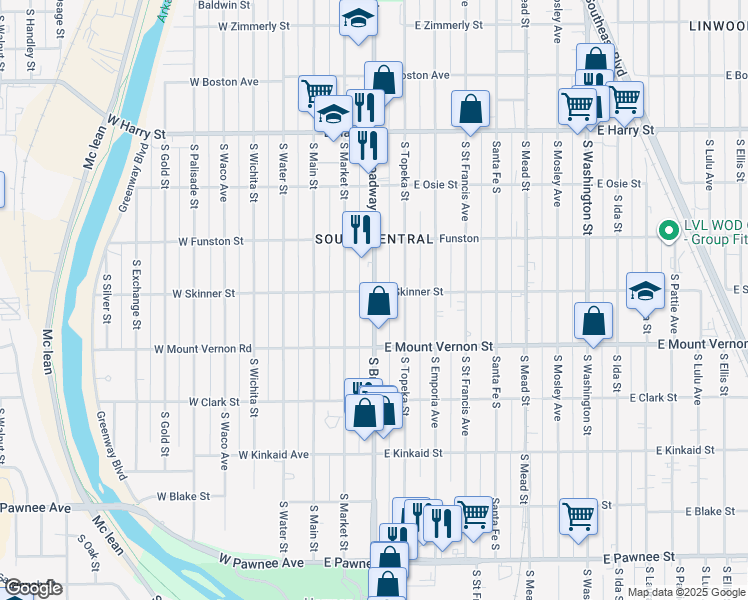 map of restaurants, bars, coffee shops, grocery stores, and more near 320 East Skinner Street in Wichita