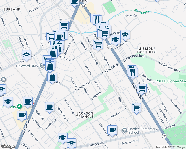 map of restaurants, bars, coffee shops, grocery stores, and more near 24764 Joyce Street in Hayward