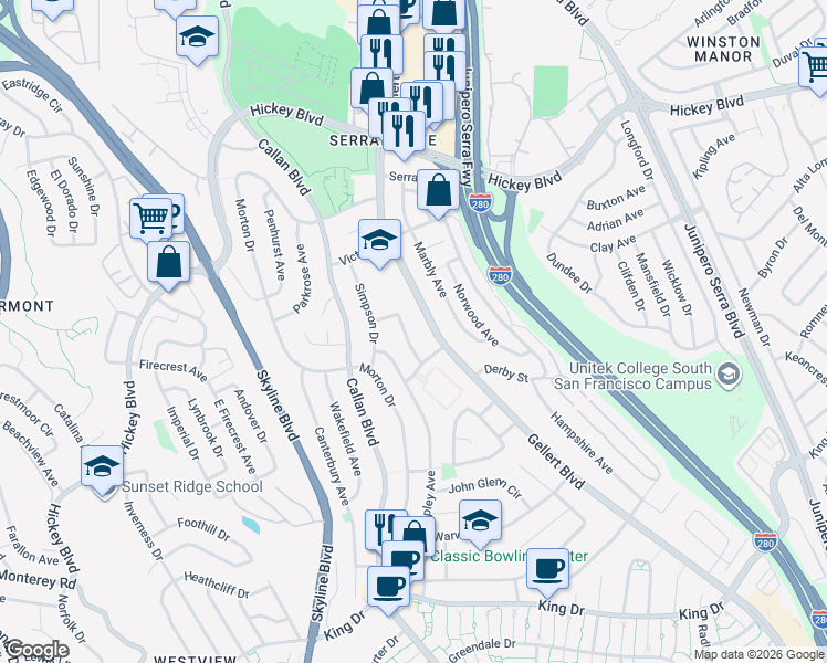 map of restaurants, bars, coffee shops, grocery stores, and more near 578 Gellert Boulevard in Daly City