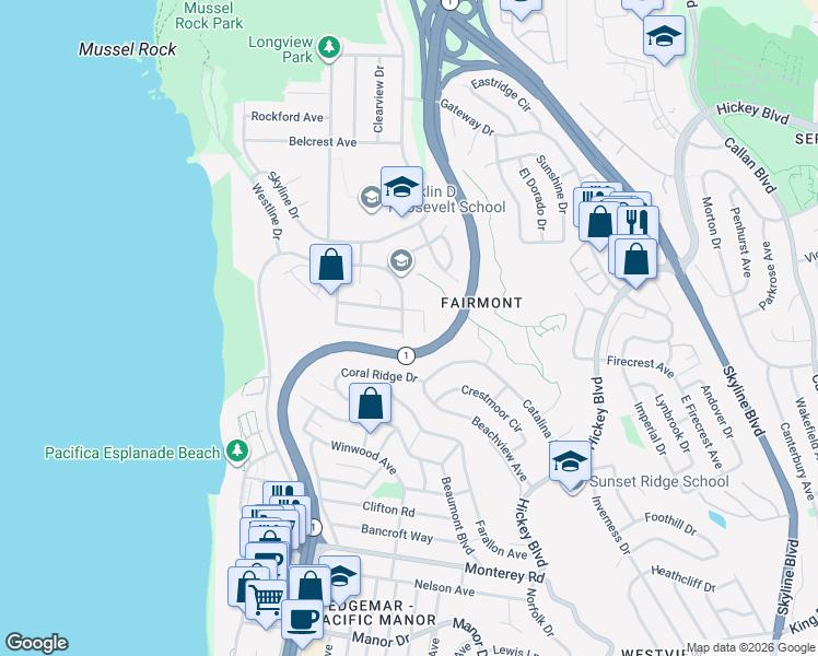 map of restaurants, bars, coffee shops, grocery stores, and more near 227 Forest Park Drive in Pacifica