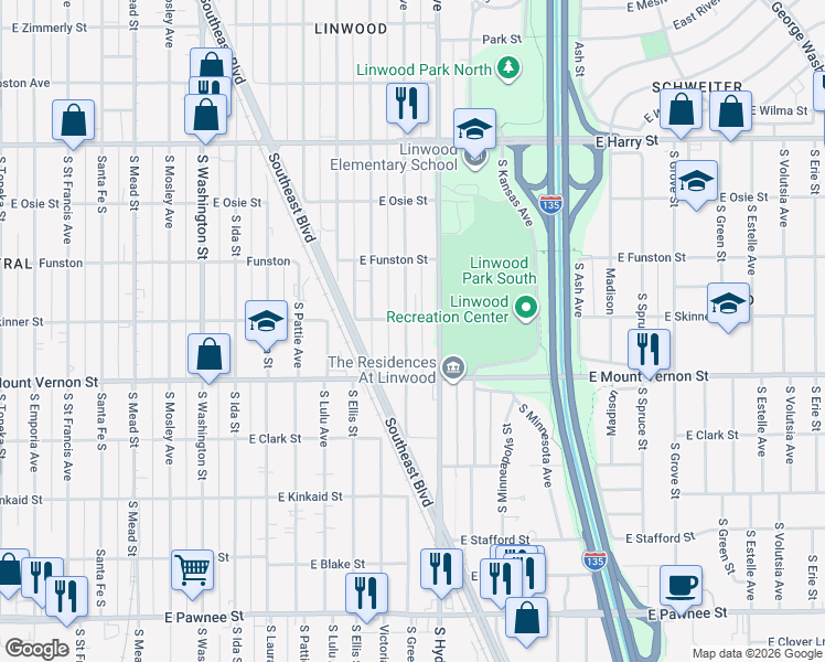 map of restaurants, bars, coffee shops, grocery stores, and more near 1857 South Greenwood Avenue in Wichita