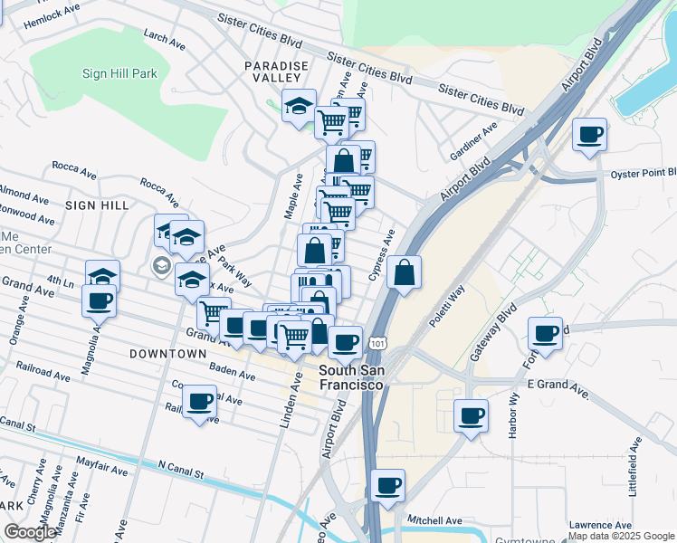 map of restaurants, bars, coffee shops, grocery stores, and more near 237 Pine Avenue in South San Francisco