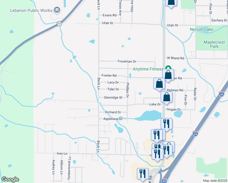 map of restaurants, bars, coffee shops, grocery stores, and more near 1202 Tyler Drive in Lebanon
