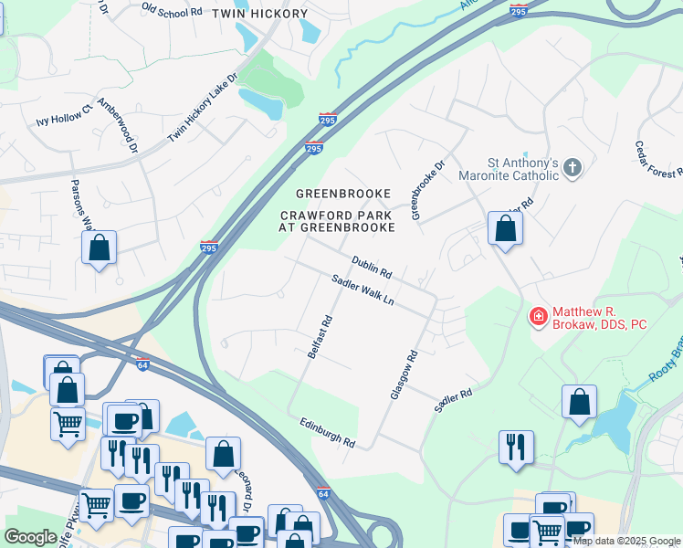 map of restaurants, bars, coffee shops, grocery stores, and more near 11500 Sadler Walk Lane in Glen Allen