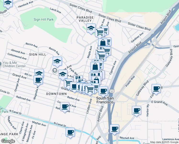 map of restaurants, bars, coffee shops, grocery stores, and more near 605 Olive Avenue in South San Francisco
