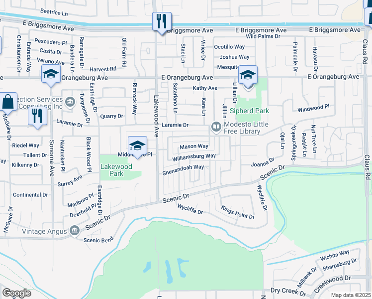 map of restaurants, bars, coffee shops, grocery stores, and more near 3108 Mason Way in Modesto