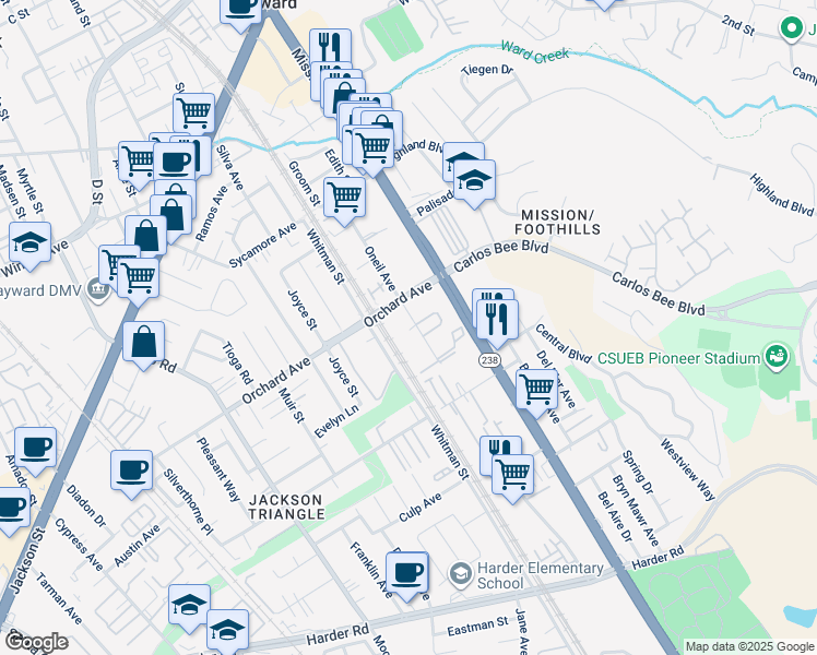 map of restaurants, bars, coffee shops, grocery stores, and more near 24997 Oneil Avenue in Hayward
