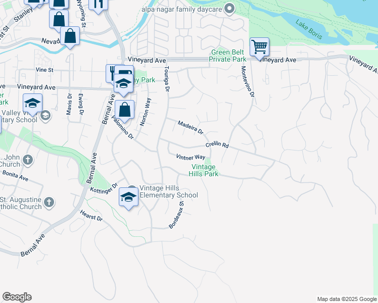 map of restaurants, bars, coffee shops, grocery stores, and more near 1001 Crellin Road in Pleasanton