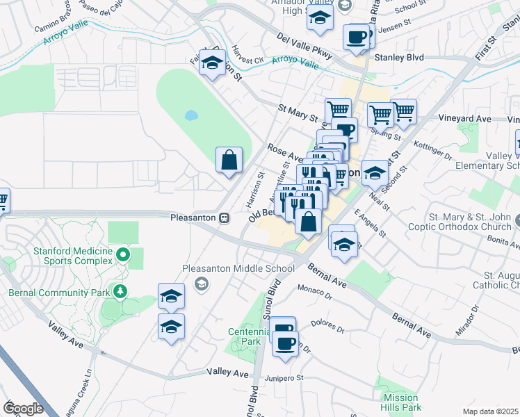map of restaurants, bars, coffee shops, grocery stores, and more near 341 Old Bernal Avenue in Pleasanton