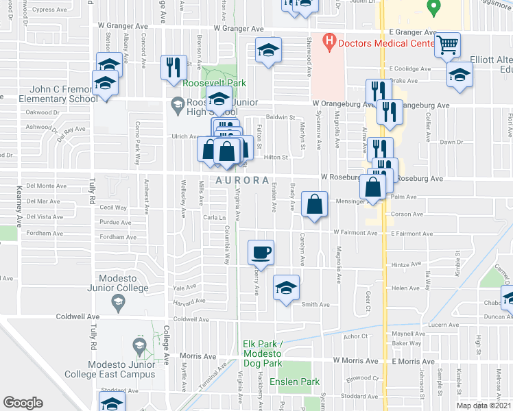 map of restaurants, bars, coffee shops, grocery stores, and more near 1018 Hackberry Avenue in Modesto