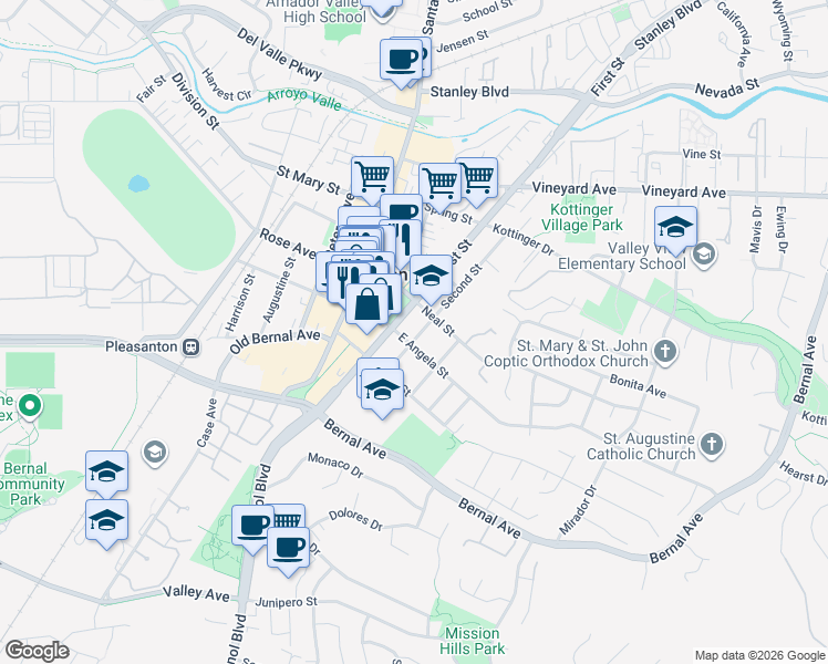 map of restaurants, bars, coffee shops, grocery stores, and more near 119 Neal Street in Pleasanton