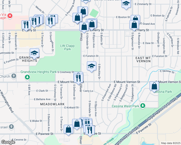 map of restaurants, bars, coffee shops, grocery stores, and more near 1881 Elpyco Street in Wichita