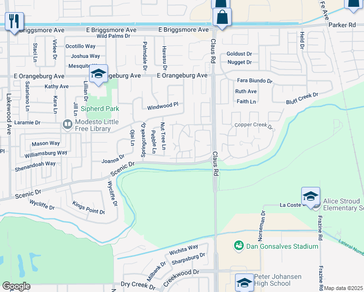 map of restaurants, bars, coffee shops, grocery stores, and more near 1122 Cedar Creek Drive in Modesto