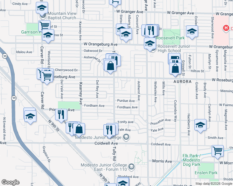 map of restaurants, bars, coffee shops, grocery stores, and more near 1107 Tully Road in Modesto