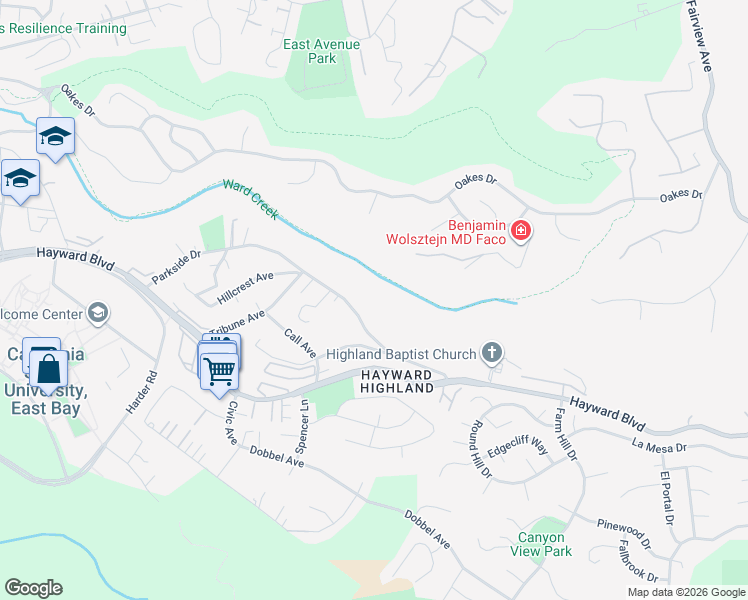 map of restaurants, bars, coffee shops, grocery stores, and more near Greenbelt Hiking Riding Trail in Hayward