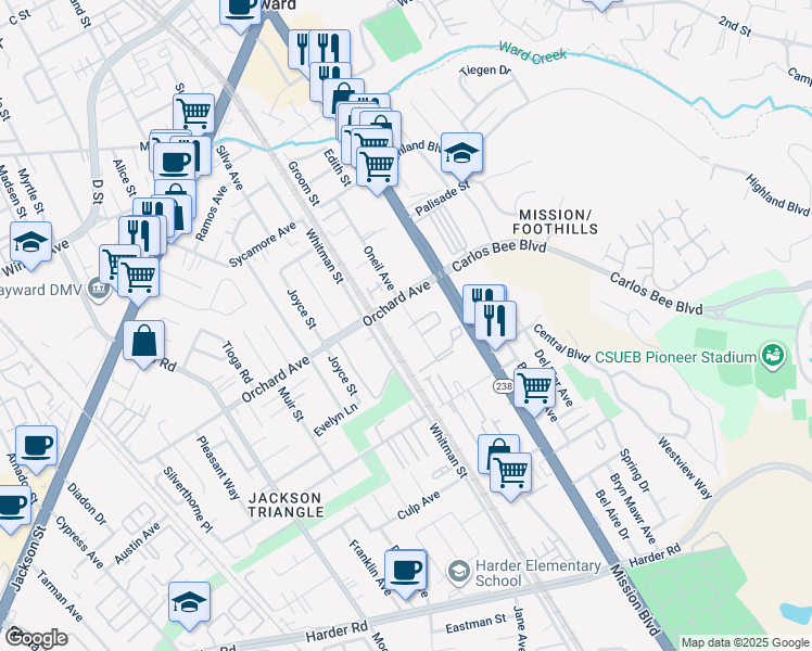 map of restaurants, bars, coffee shops, grocery stores, and more near 715 Orchard Avenue in Hayward