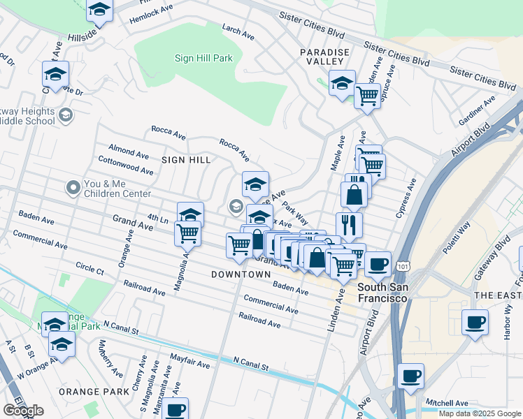 map of restaurants, bars, coffee shops, grocery stores, and more near 520 Spruce Avenue in South San Francisco