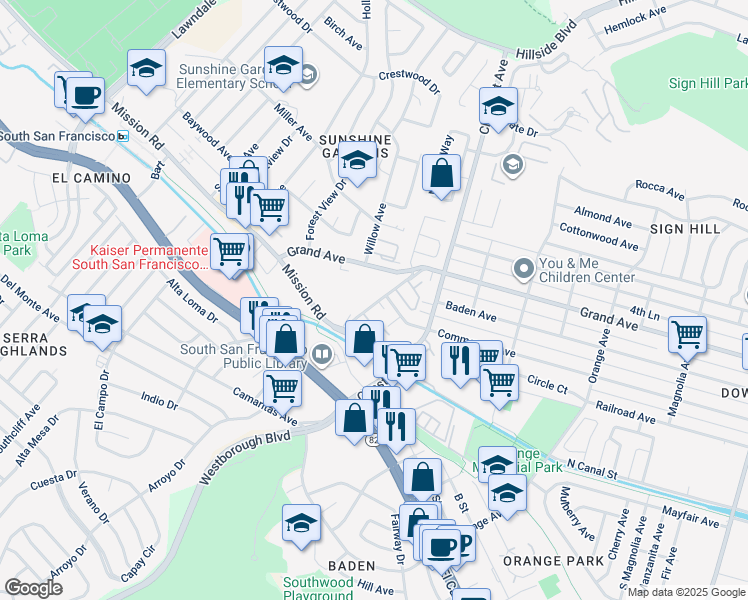 map of restaurants, bars, coffee shops, grocery stores, and more near 99 Oak Avenue in South San Francisco