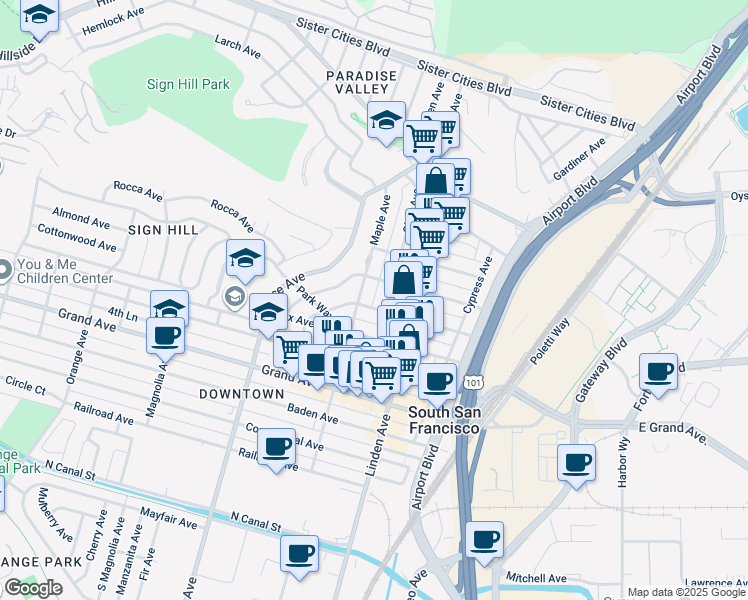 map of restaurants, bars, coffee shops, grocery stores, and more near 604 Hawthorne Place in South San Francisco