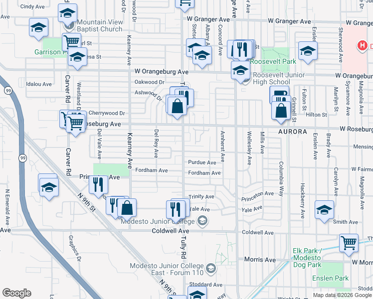 map of restaurants, bars, coffee shops, grocery stores, and more near 1107 Tully Road in Modesto