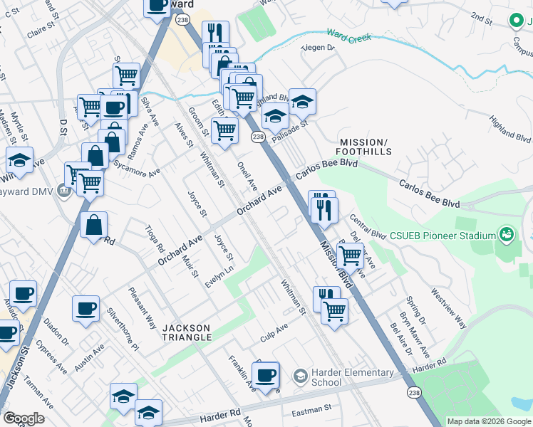 map of restaurants, bars, coffee shops, grocery stores, and more near 715 Orchard Avenue in Hayward
