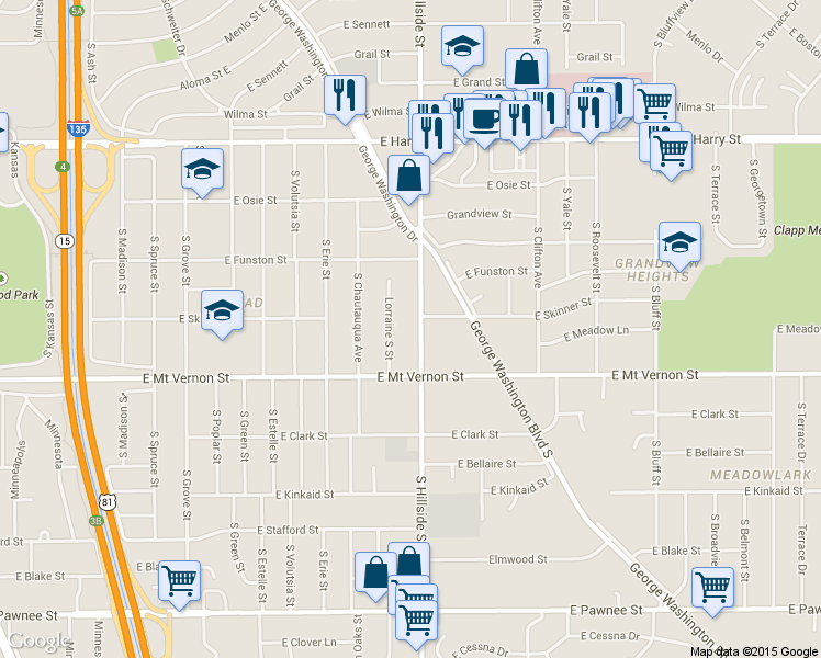 map of restaurants, bars, coffee shops, grocery stores, and more near 1901 South Hillside Street in Wichita