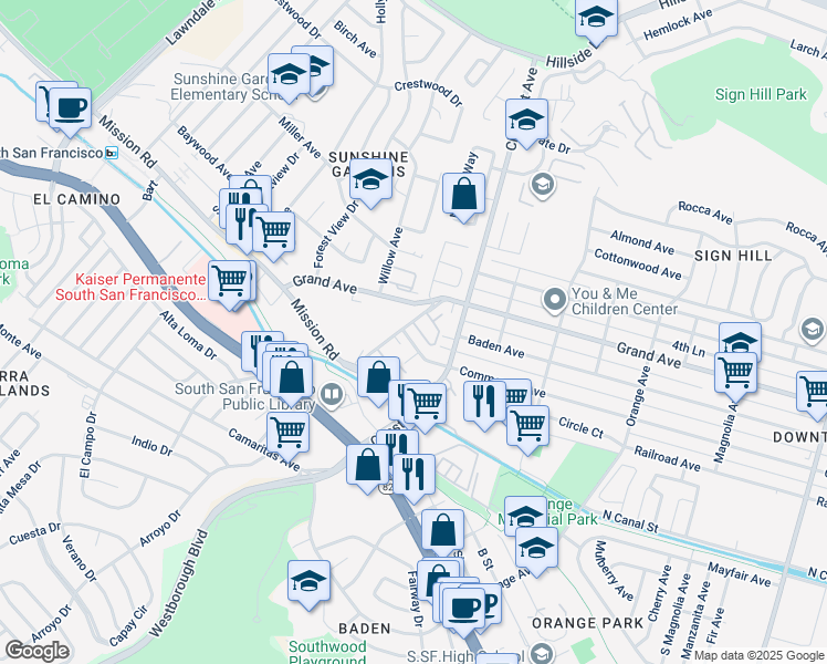 map of restaurants, bars, coffee shops, grocery stores, and more near 956 Commercial Avenue in South San Francisco