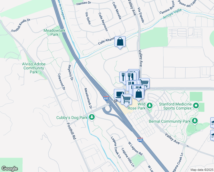 map of restaurants, bars, coffee shops, grocery stores, and more near 6800 Koll Center Parkway in Pleasanton