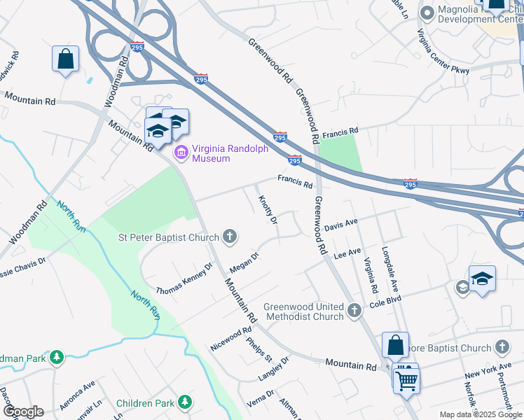 map of restaurants, bars, coffee shops, grocery stores, and more near 2027 Knotty Drive in Glen Allen