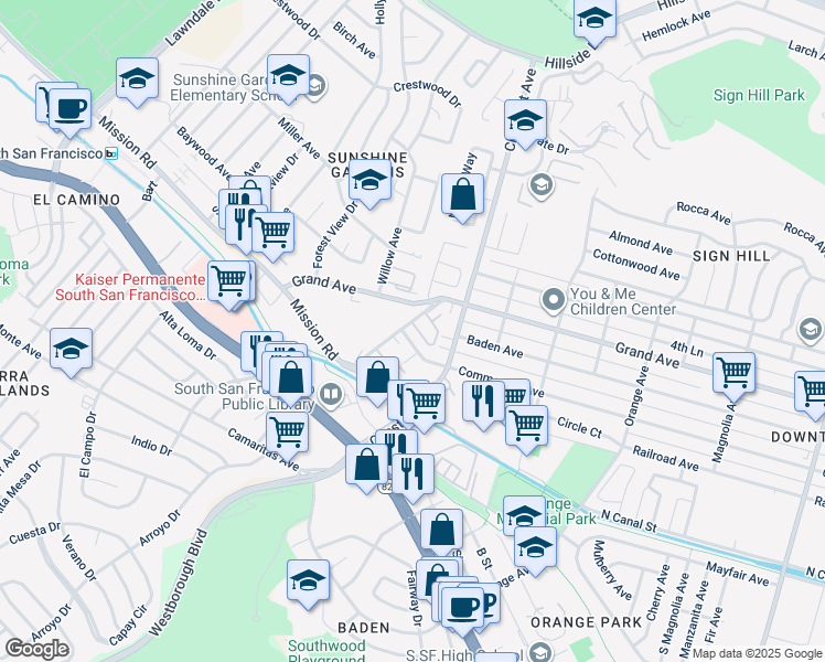 map of restaurants, bars, coffee shops, grocery stores, and more near 956 Commercial Avenue in South San Francisco