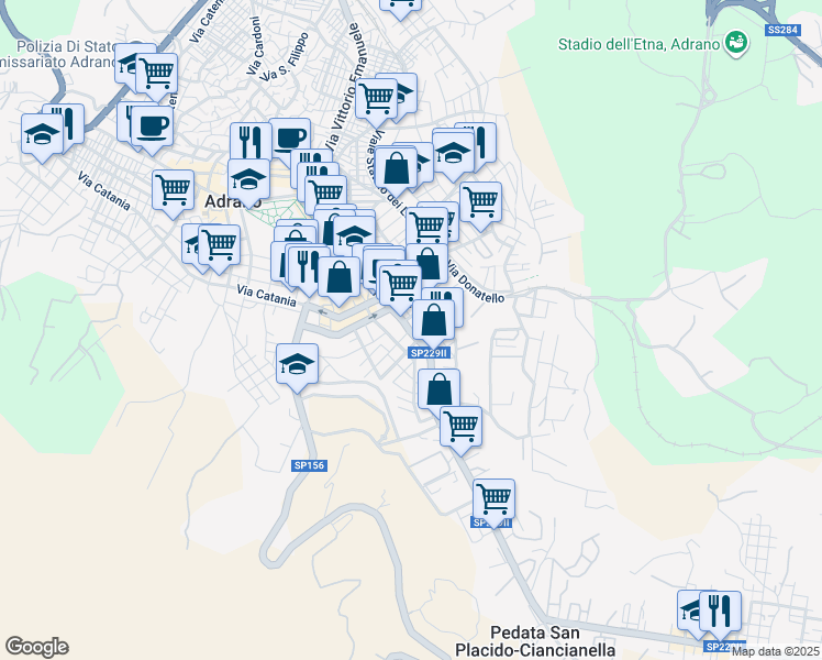 map of restaurants, bars, coffee shops, grocery stores, and more near Via Capuccini in Adrano