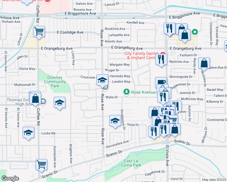 map of restaurants, bars, coffee shops, grocery stores, and more near 1120 Rose Avenue in Modesto