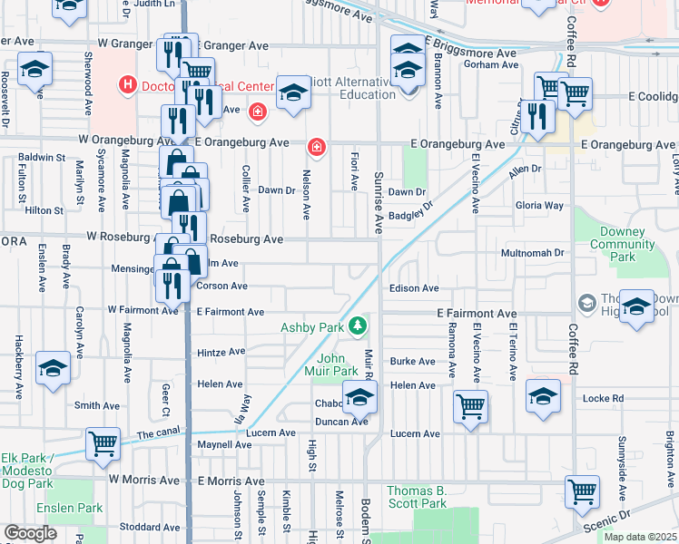 map of restaurants, bars, coffee shops, grocery stores, and more near 500 Palm Avenue in Modesto