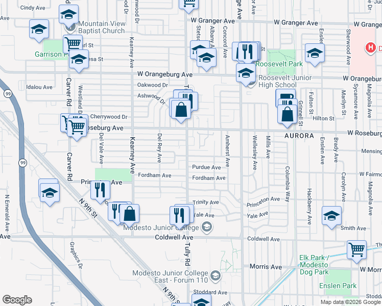 map of restaurants, bars, coffee shops, grocery stores, and more near 1107 Tully Road in Modesto