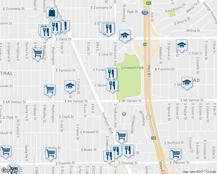 map of restaurants, bars, coffee shops, grocery stores, and more near 1857 South Greenwood Avenue in Wichita