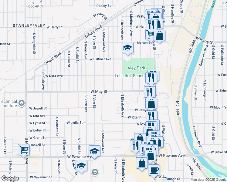 map of restaurants, bars, coffee shops, grocery stores, and more near 1615 West May Street in Wichita