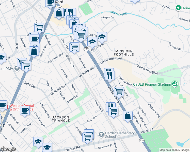 map of restaurants, bars, coffee shops, grocery stores, and more near 831 Challenger Way in Hayward