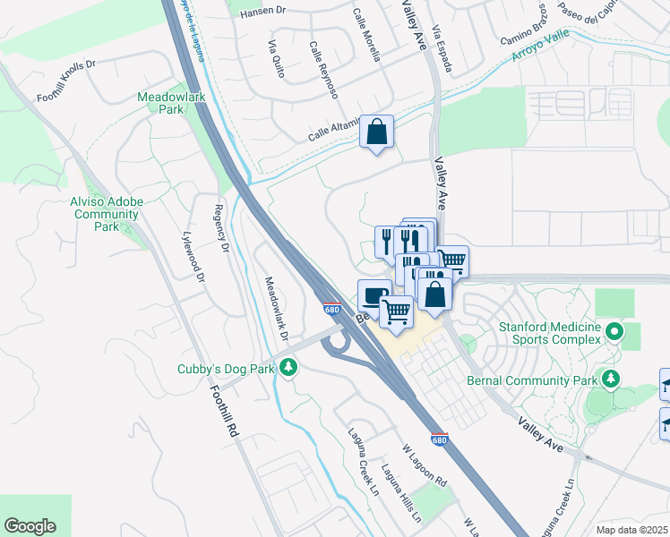 map of restaurants, bars, coffee shops, grocery stores, and more near 6800 Koll Center Parkway in Pleasanton