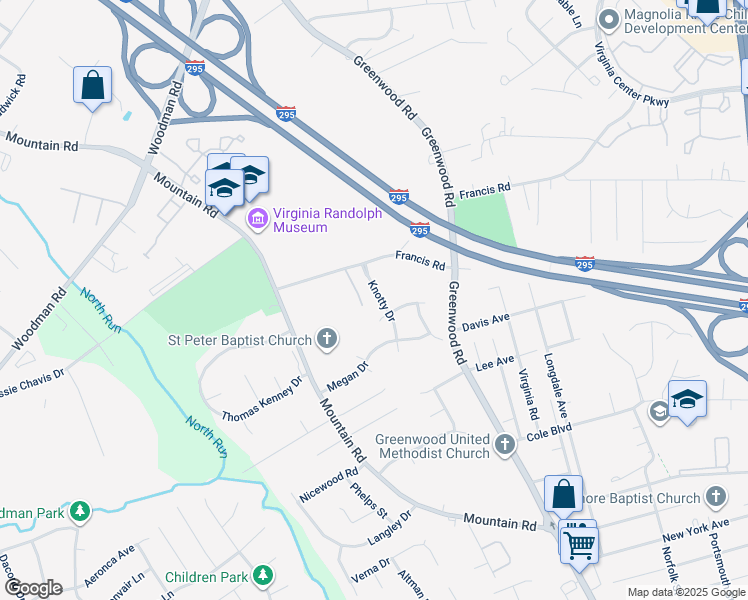 map of restaurants, bars, coffee shops, grocery stores, and more near 2027 Knotty Drive in Glen Allen