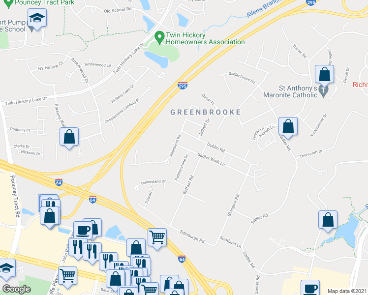 map of restaurants, bars, coffee shops, grocery stores, and more near 11500 Sadler Walk Lane in Glen Allen